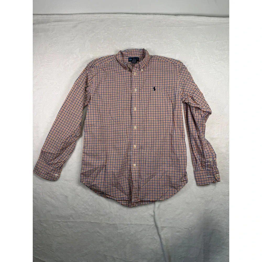 Ralph Lauren Button Down Shirt L (14-16) Orange Blue Gingham Kids Boys
